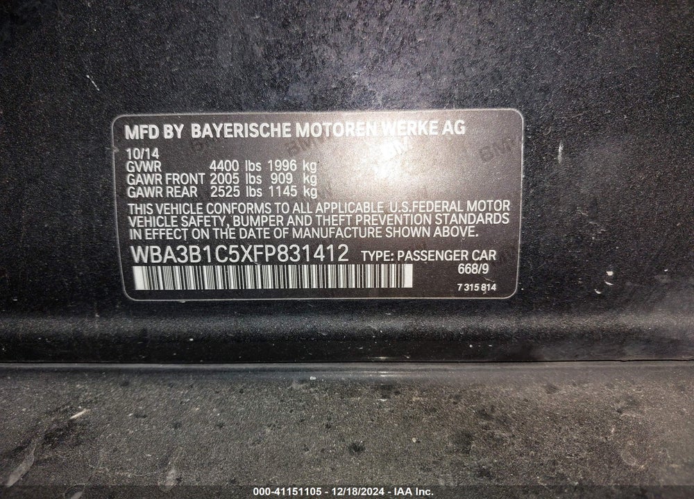 2015 BMW 320I VIN: WBA3B1C5XFP831412