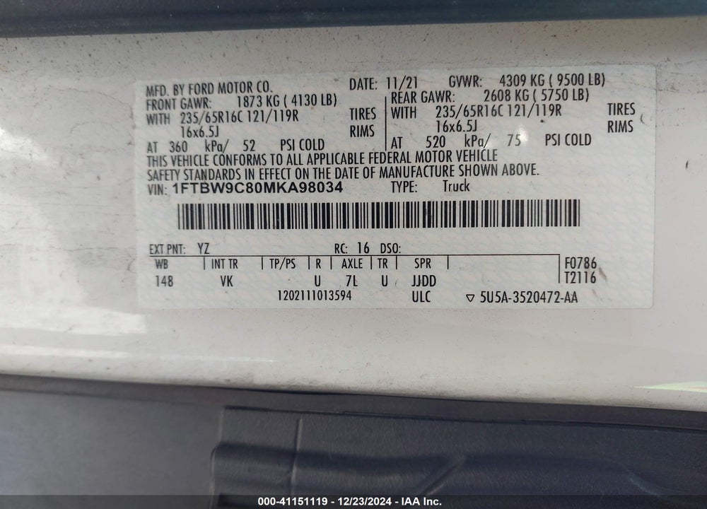 2021 FORD TRANSIT-350 VIN: 1FTBW9C80MKA98034