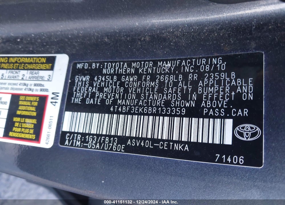 2011 TOYOTA CAMRY LE VIN: 4T4BF3EK6BR133359