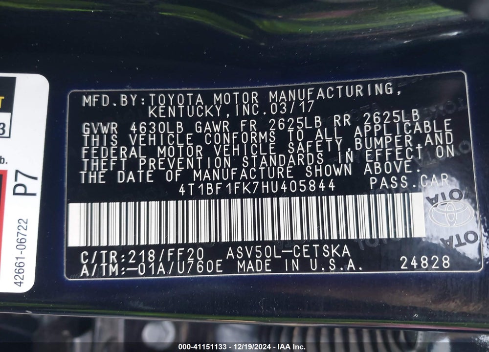 2017 TOYOTA CAMRY SE VIN: 4T1BF1FK7HU405844