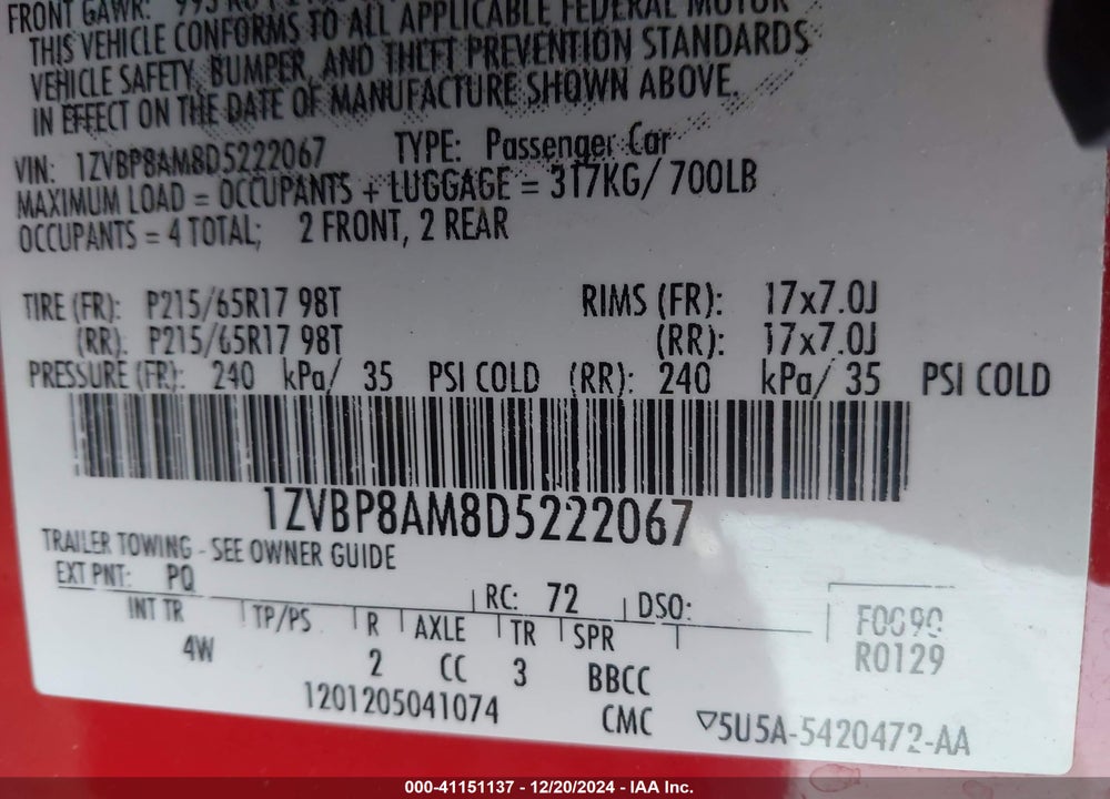 2013 FORD MUSTANG V6 PREMIUM VIN: 1ZVBP8AM8D5222067