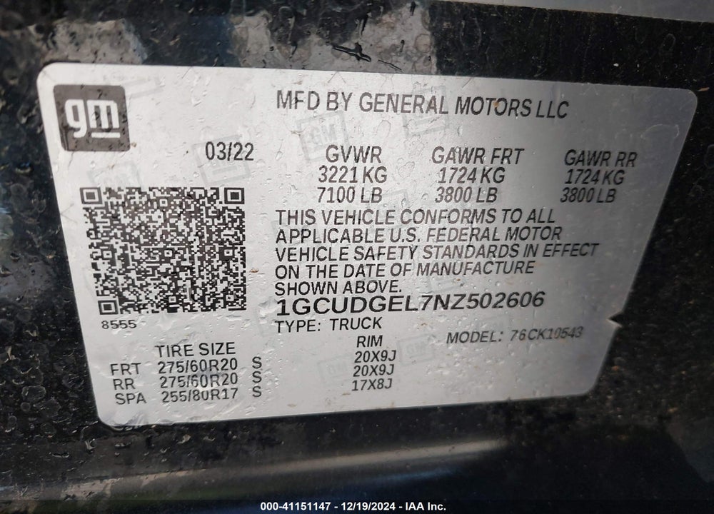 2022 CHEVROLET SILVERADO 1500 4WD SHORT BED LTZ VIN: 1GCUDGEL7NZ502606