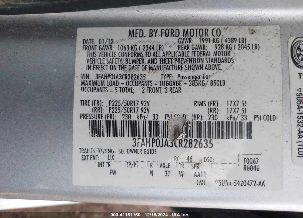 2012 FORD FUSION SEL VIN: 3FAHP0JA3CR282635