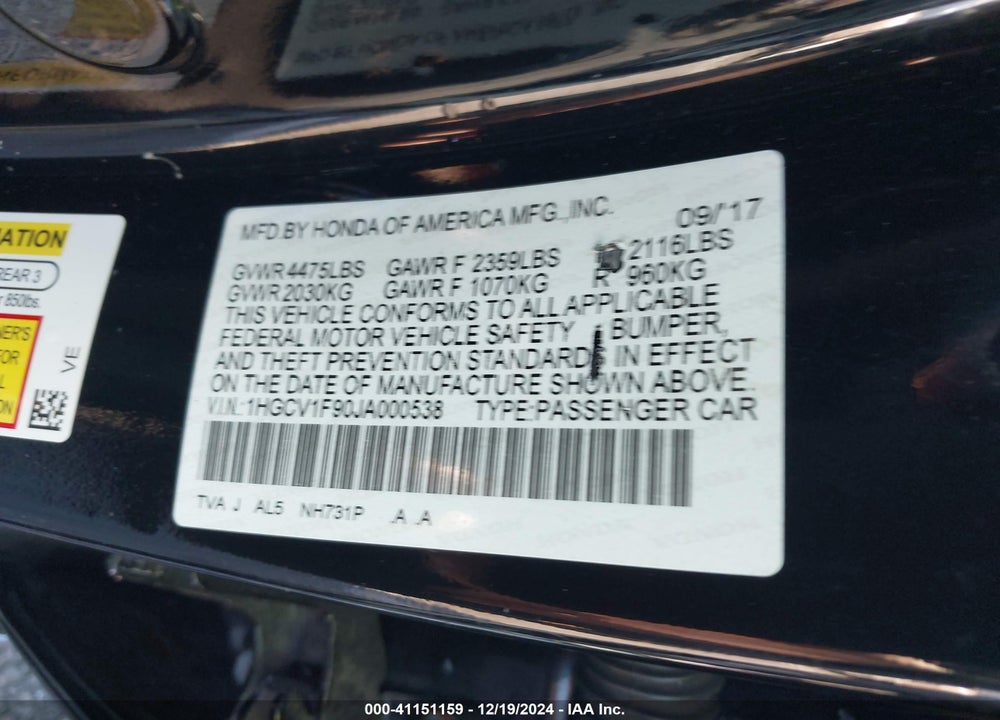2018 HONDA ACCORD VIN: 1HGCV1F90JA000538