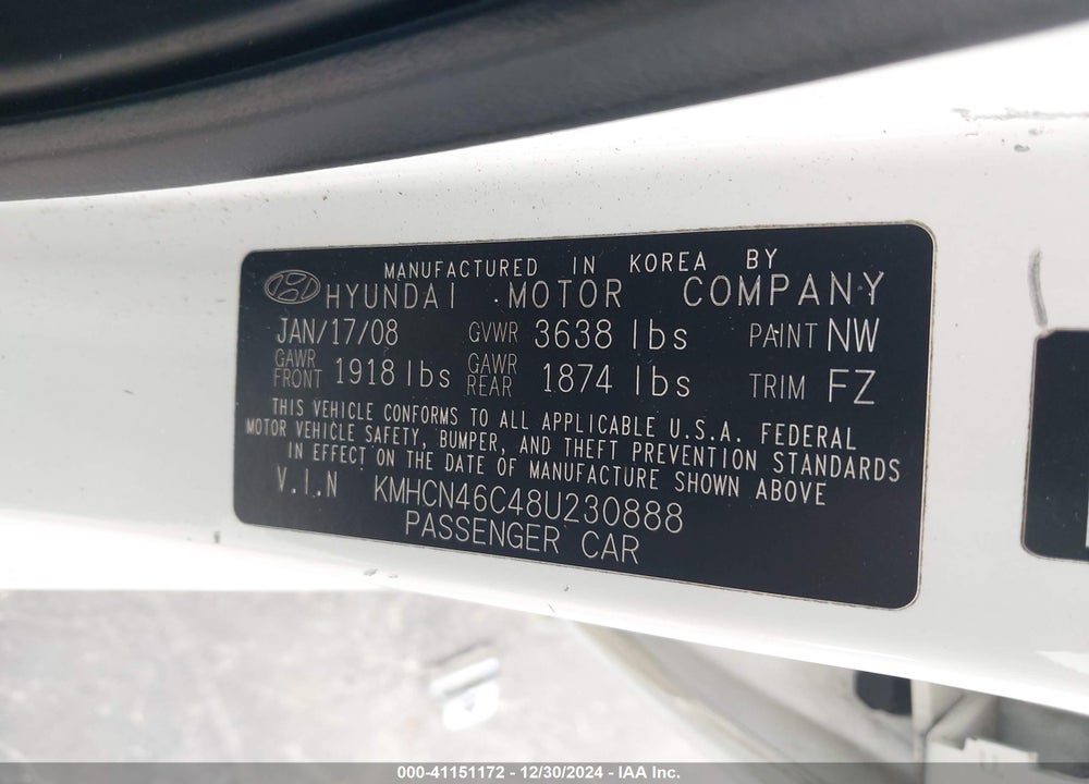 2008 HYUNDAI ACCENT GLS VIN: KMHCN46C48U230888