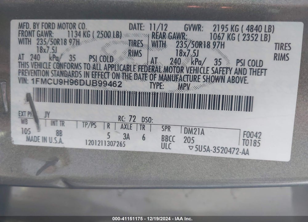 2013 FORD ESCAPE SEL VIN: 1FMCU9H96DUB99462