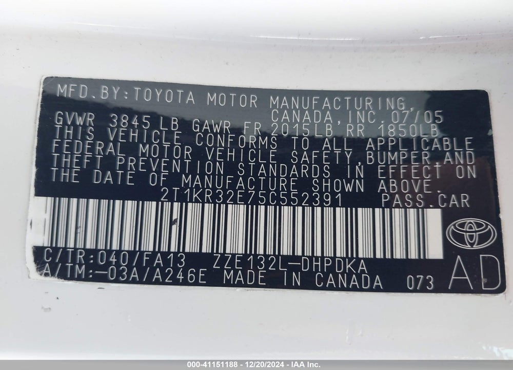 2005 TOYOTA MATRIX VIN: 2T1KR32E75C552391