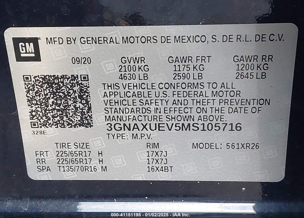 2021 CHEVROLET EQUINOX AWD LT VIN: 3GNAXUEV5MS105716