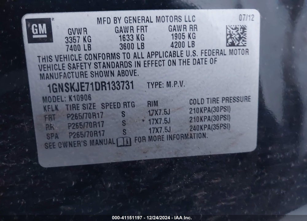 2013 CHEVROLET SUBURBAN VIN: 1GNSKJE71DR133731