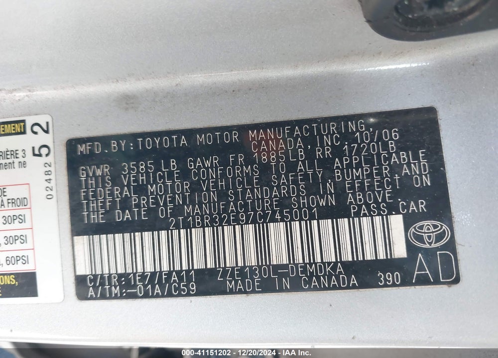 2007 TOYOTA COROLLA CE VIN: 2T1BR32E97C745001