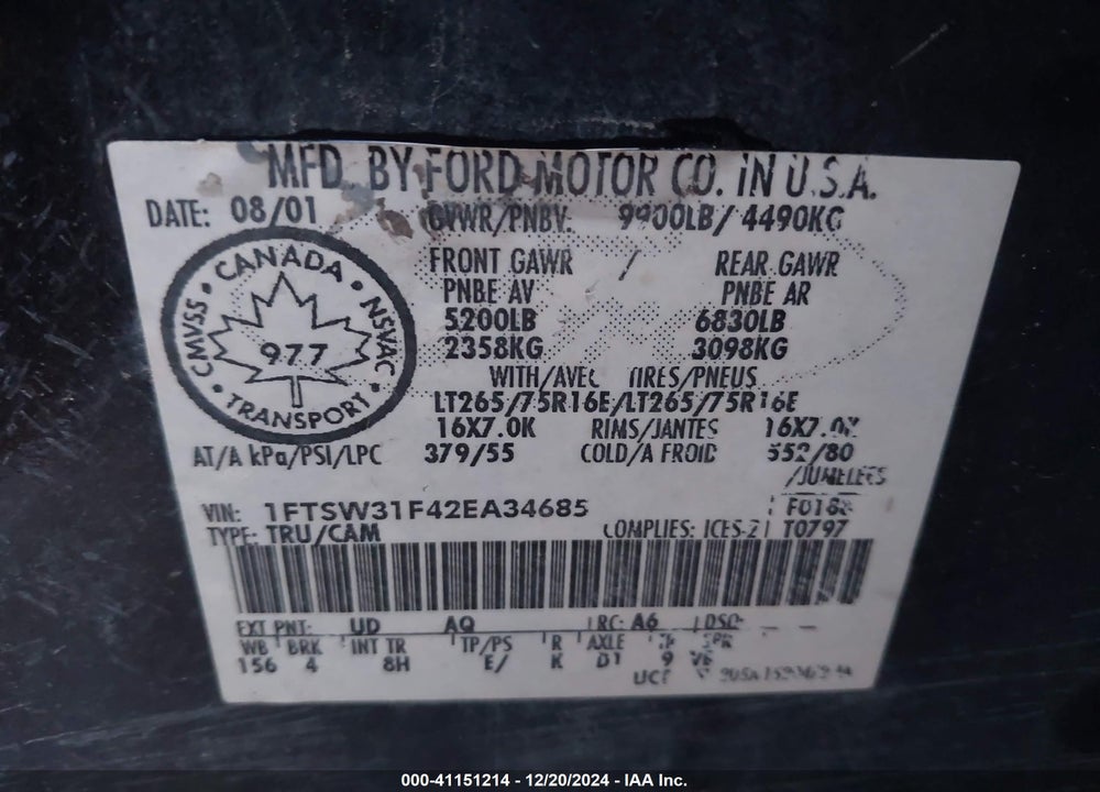 2002 FORD F-350 LARIAT/XL/XLT VIN: 1FTSW31F42EA34685