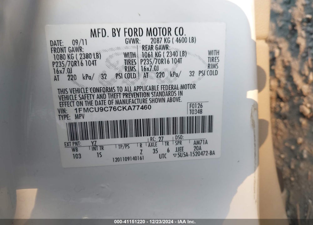 2012 FORD ESCAPE XLS VIN: 1FMCU9C76CKA77460