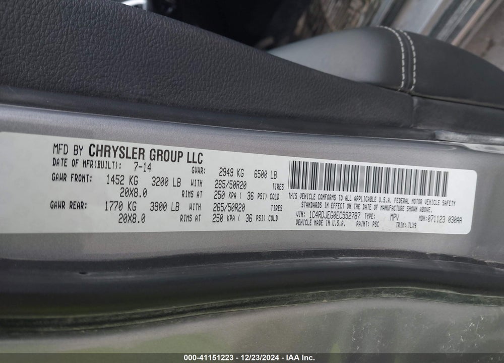 2014 DODGE DURANGO VIN: 1C4RDJEG0EC552787