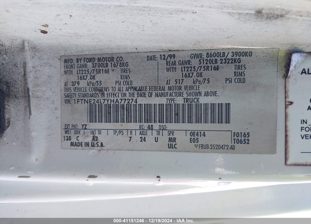 2000 FORD ECONOLINE E250 VAN VIN: 1FTNE24L7YHA77274