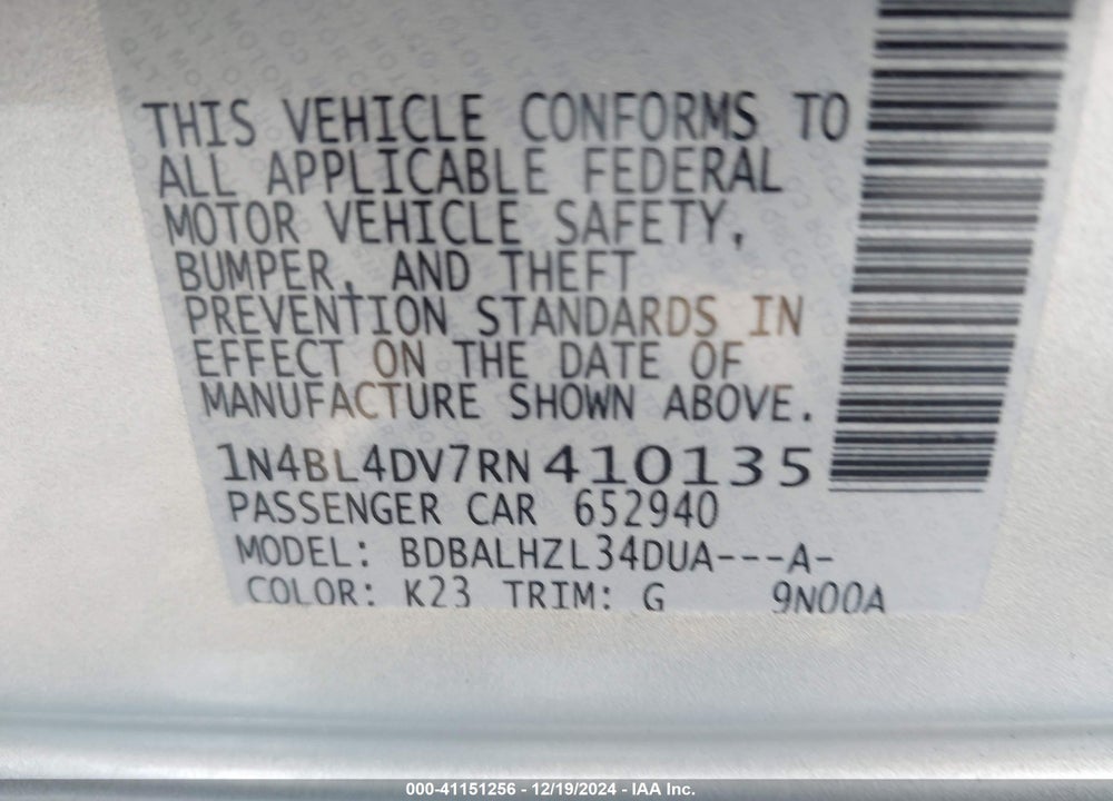 2024 NISSAN ALTIMA SV FWD VIN: 1N4BL4DV7RN410135