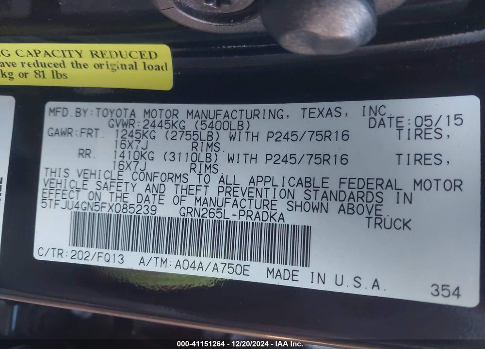 2015 TOYOTA TACOMA PRERUNNER V6 VIN: 5TFJU4GN5FX085239