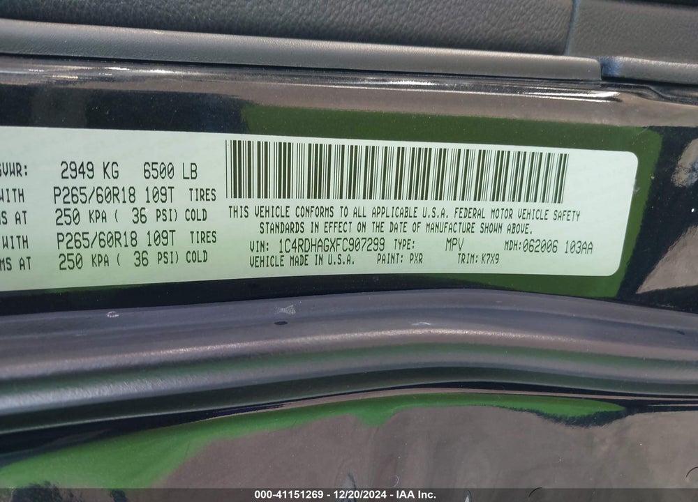 2015 DODGE DURANGO SXT VIN: 1C4RDHAGXFC907299