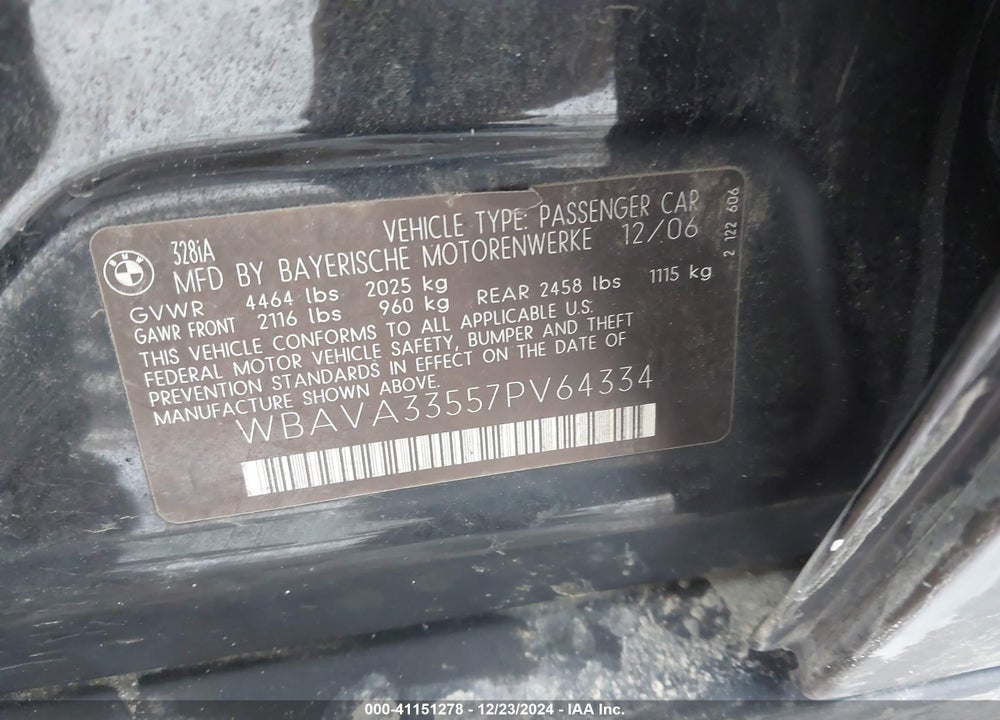 2007 BMW 328I VIN: WBAVA33557PV64334