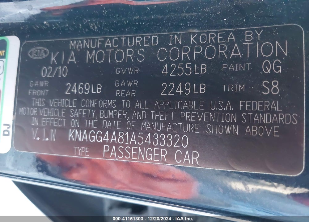 2010 KIA OPTIMA LX VIN: KNAGG4A81A5433320