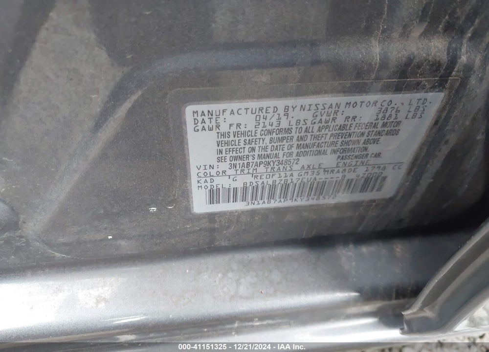 2019 NISSAN SENTRA VIN: 3N1AB7AP9KY348572