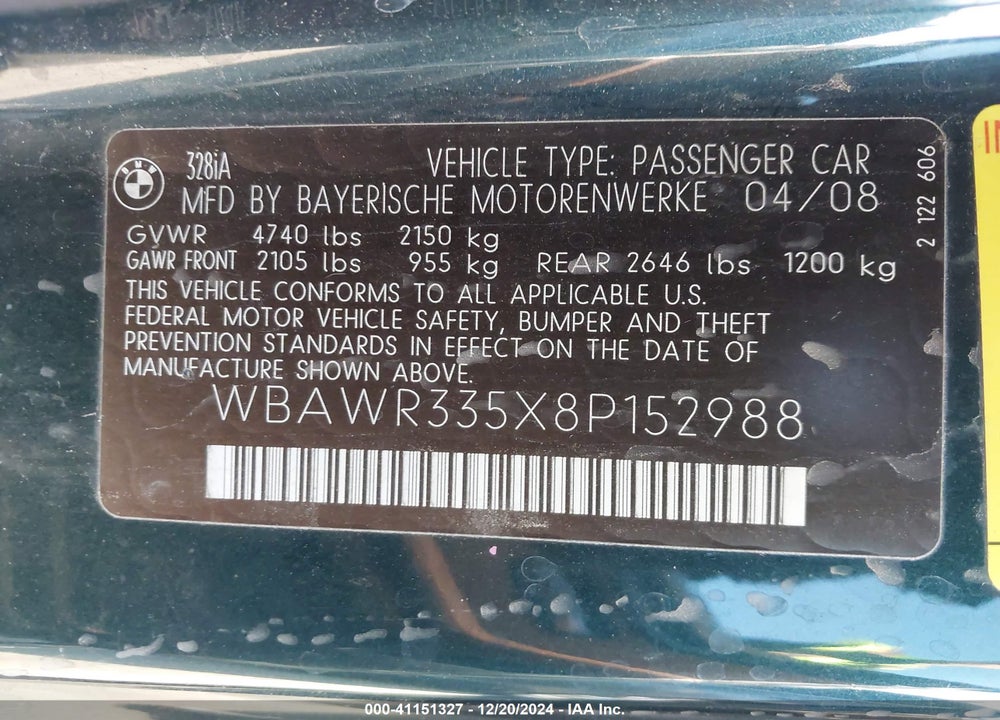2008 BMW 328I VIN: WBAWR335X8P152988