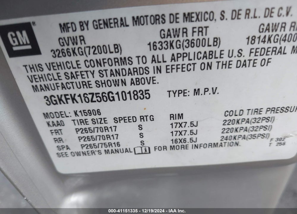 2006 GMC YUKON XL 1500 SLT VIN: 3GKFK16Z56G101835