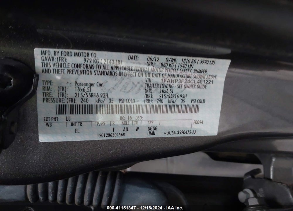 2012 FORD FOCUS SE VIN: 1FAHP3F24CL461221