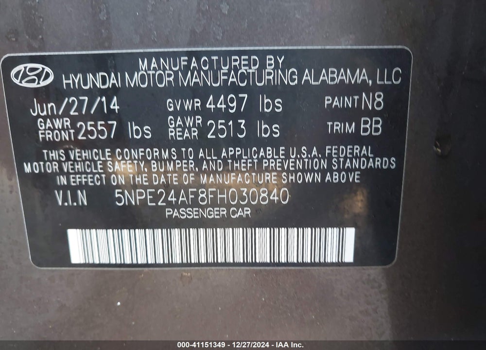 2015 HYUNDAI SONATA SE VIN: 5NPE24AF8FH030840