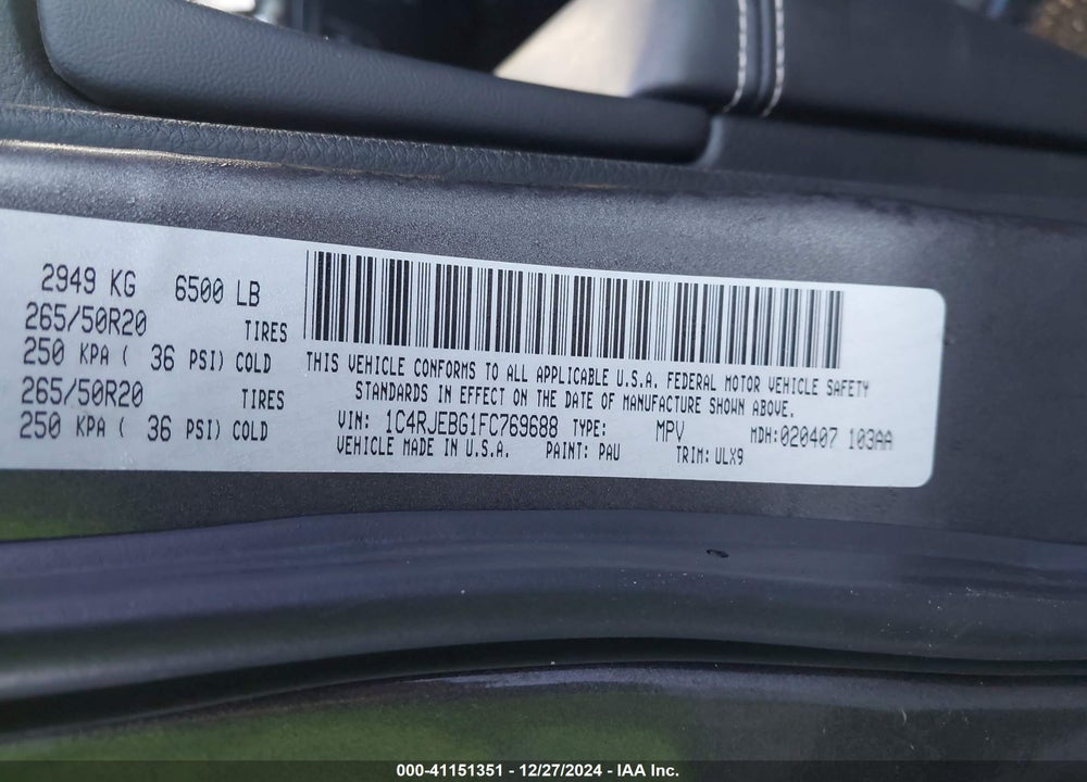 2015 JEEP GRAND CHEROKEE LIMITED VIN: 1C4RJEBG1FC769688