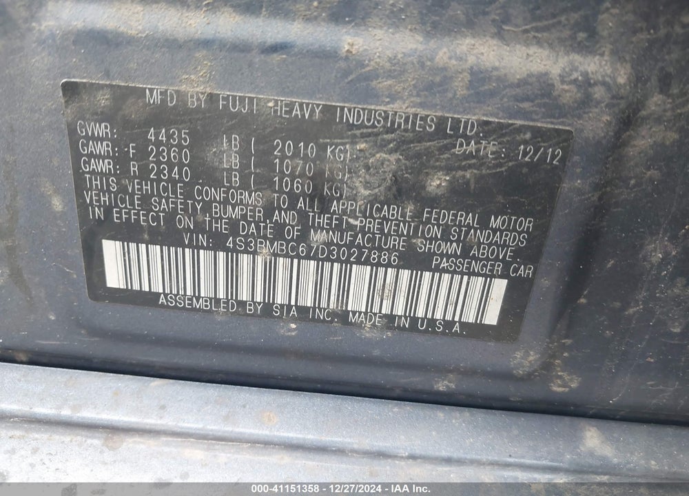 2013 SUBARU LEGACY 2.5I PREMIUM VIN: 4S3BMBC67D3027886
