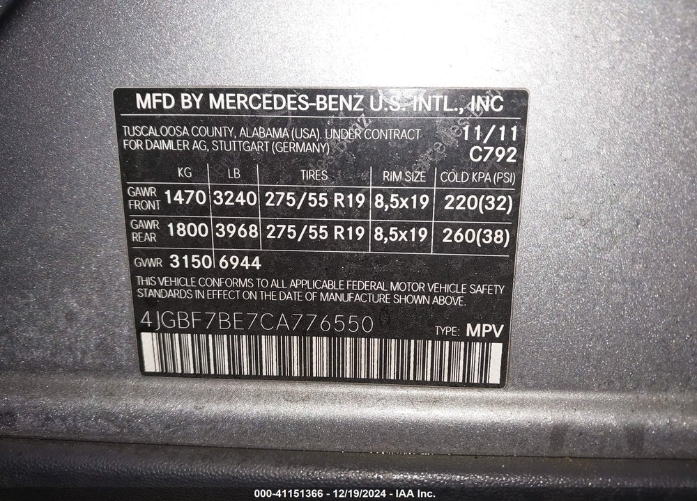 2012 MERCEDES-BENZ GL 450 4MATIC VIN: 4JGBF7BE7CA776550
