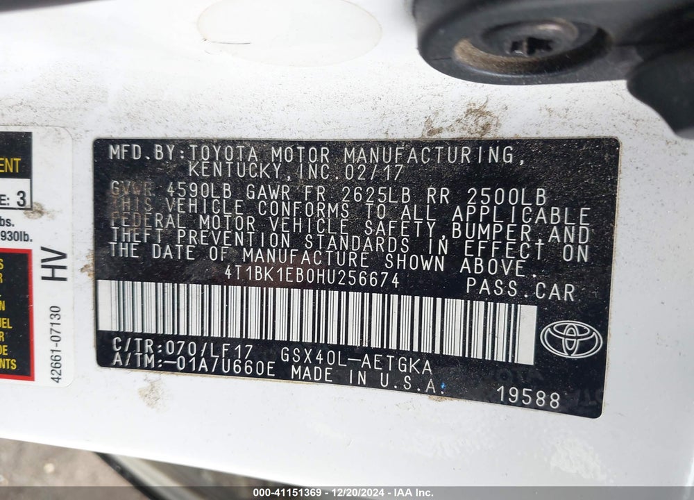 2017 TOYOTA AVALON XLE PREMIUM VIN: 4T1BK1EB0HU256674