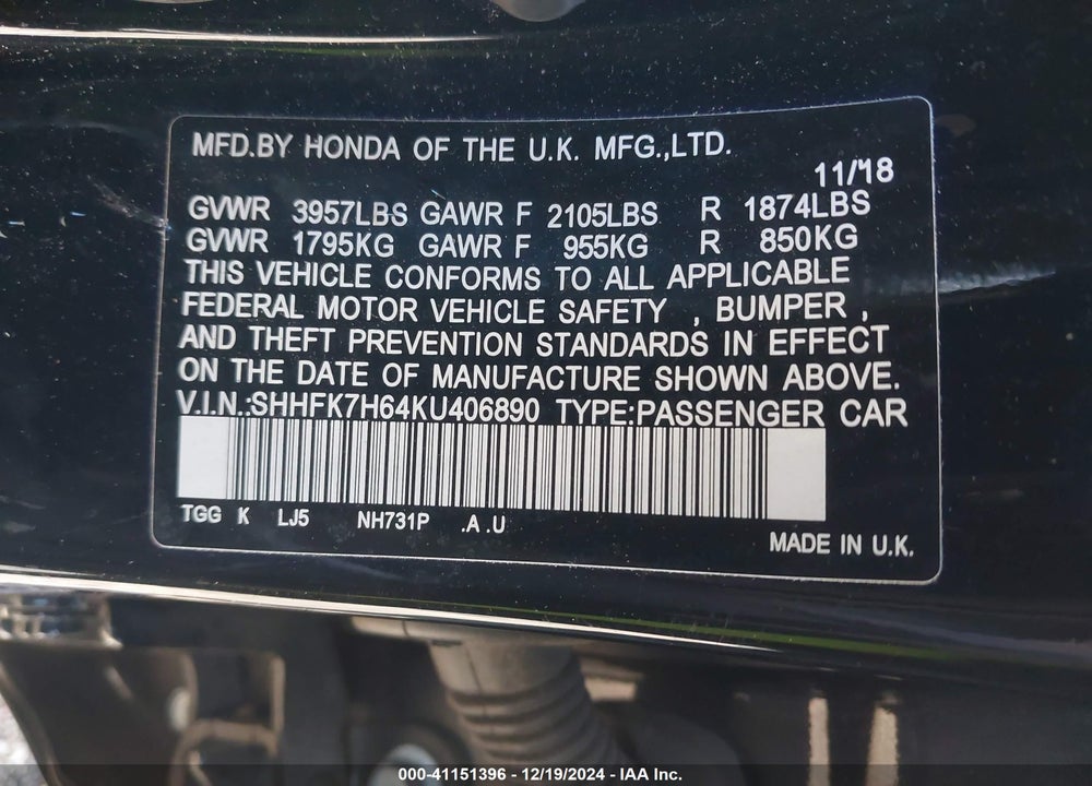 2019 HONDA CIVIC VIN: SHHFK7H64KU406890