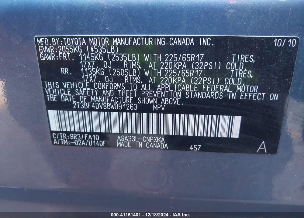 2011 TOYOTA RAV4 VIN: 2T3BF4DV8BW091263
