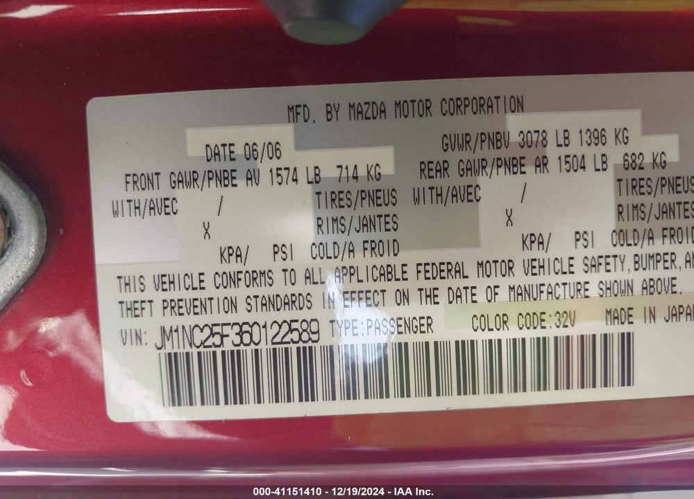 2006 MAZDA MX-5 MIATA VIN: JM1NC25F360122589