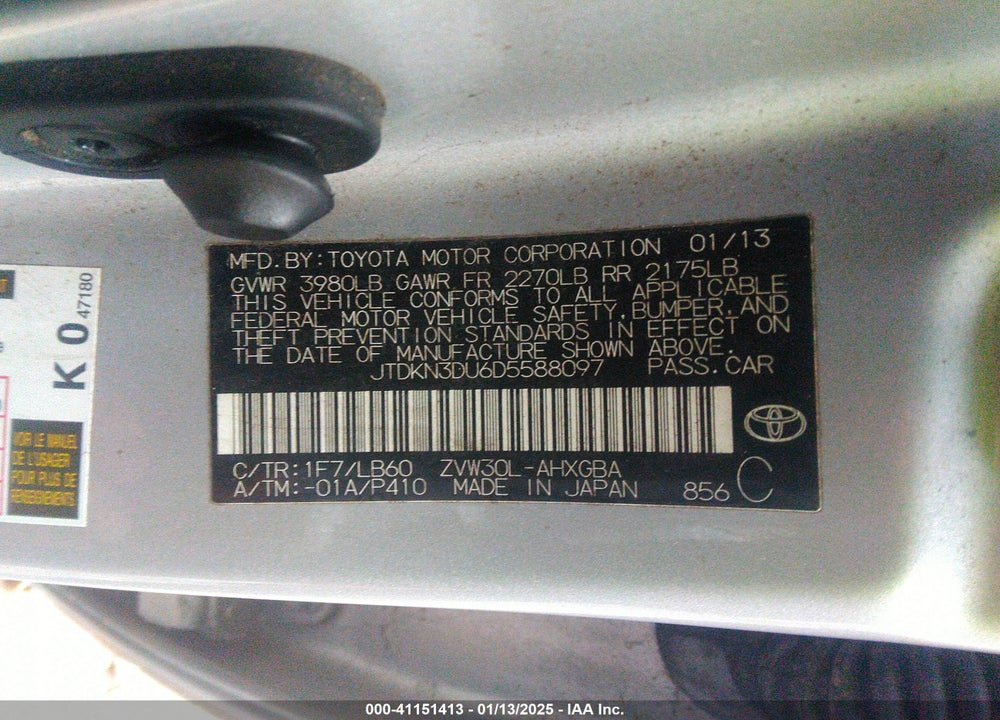 2013 TOYOTA PRIUS VIN: JTDKN3DU6D5588097