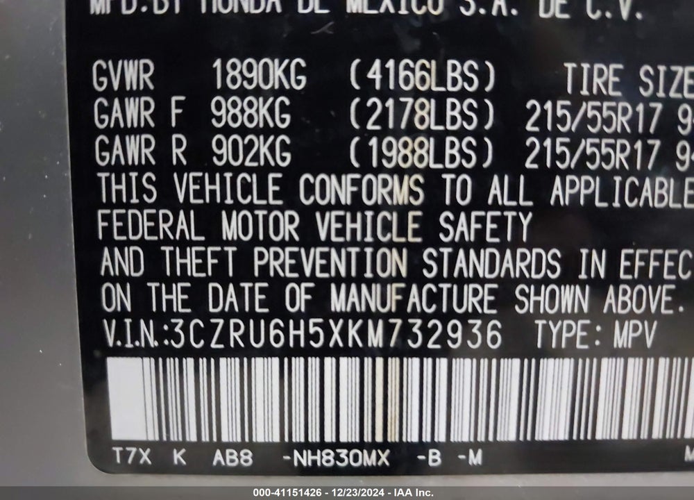 2019 HONDA HR-V EX VIN: 3CZRU6H5XKM732936