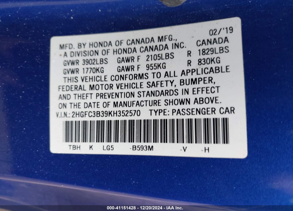 2019 HONDA CIVIC EX VIN: 2HGFC3B39KH352570