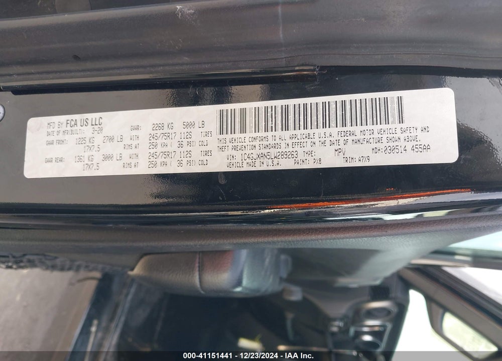 2020 JEEP WRANGLER / VIN: 1C4GJXAN5LW289263