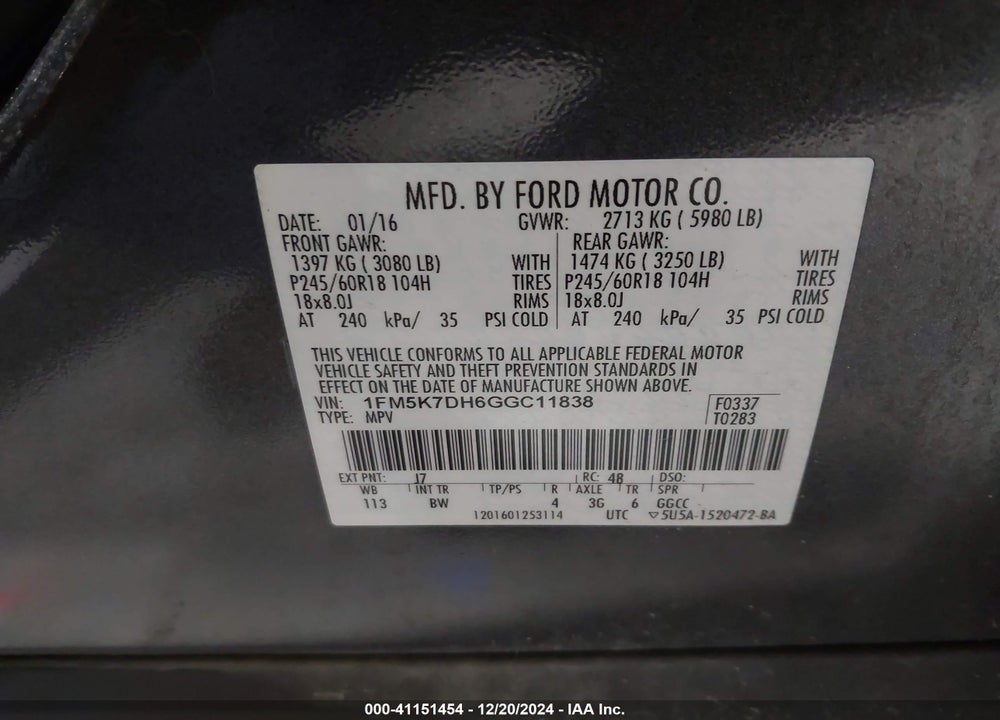 2016 FORD EXPLORER XLT VIN: 1FM5K7DH6GGC11838