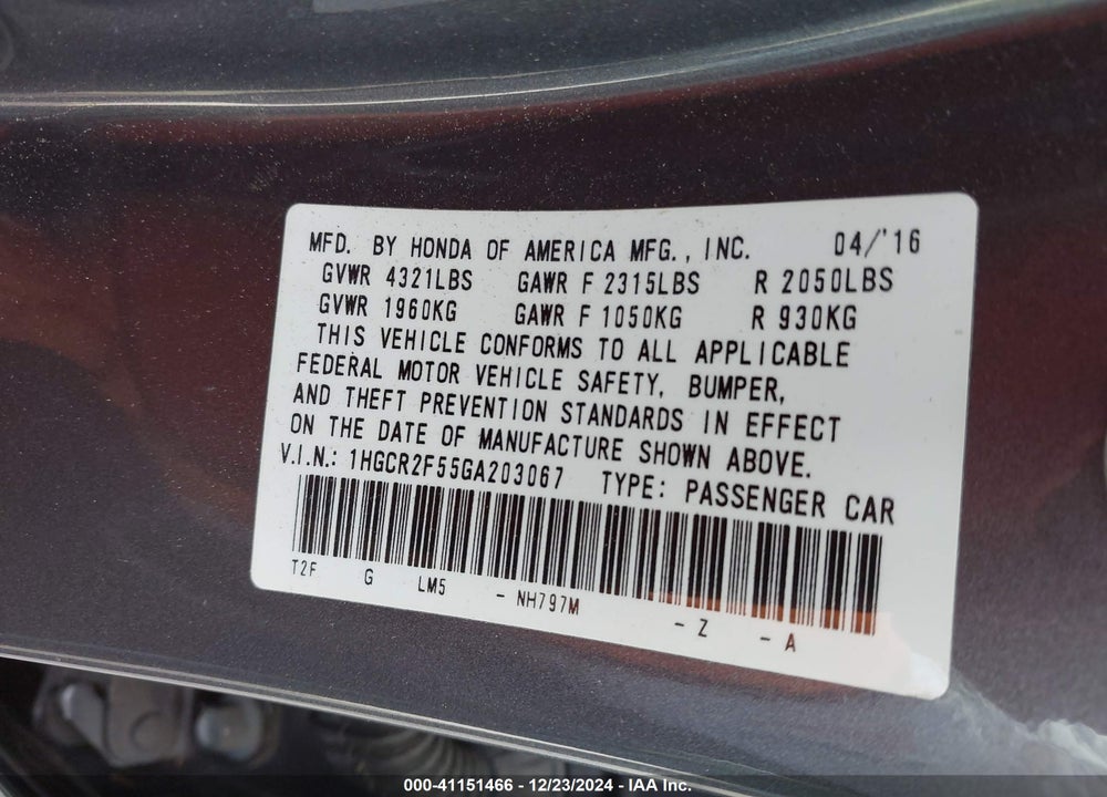 2016 HONDA ACCORD SEDAN VIN: 1HGCR2F55GA203067