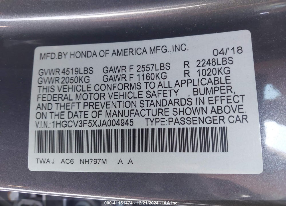 2018 HONDA ACCORD HYBRID EX-L VIN: 1HGCV3F5XJA004945
