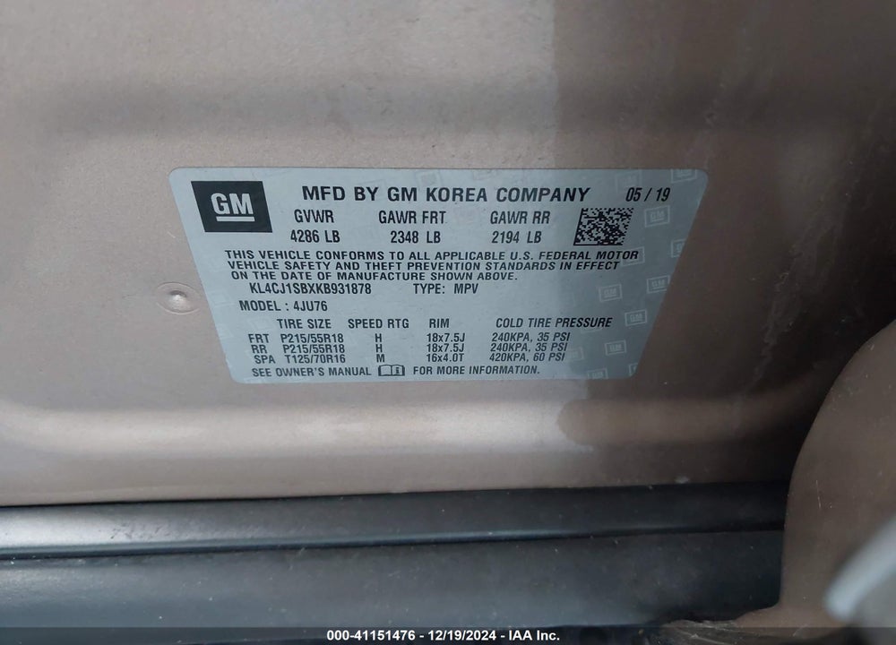 2019 BUICK ENCORE FWD SPORT TOURING VIN: KL4CJ1SBXKB931878