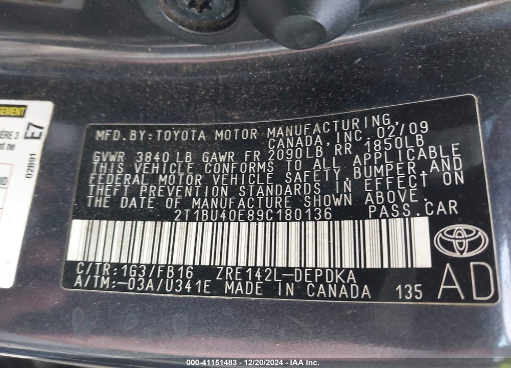 2009 TOYOTA COROLLA LE VIN: 2T1BU40E89C180136
