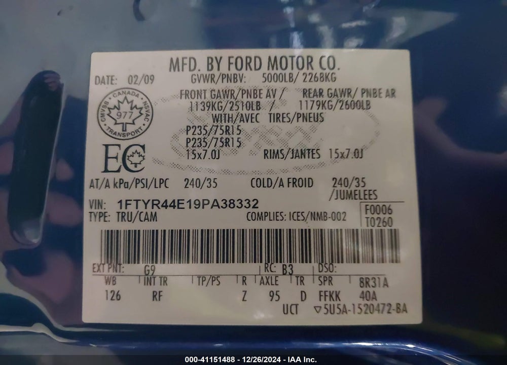 2009 FORD RANGER SPORT/XLT VIN: 1FTYR44E19PA38332