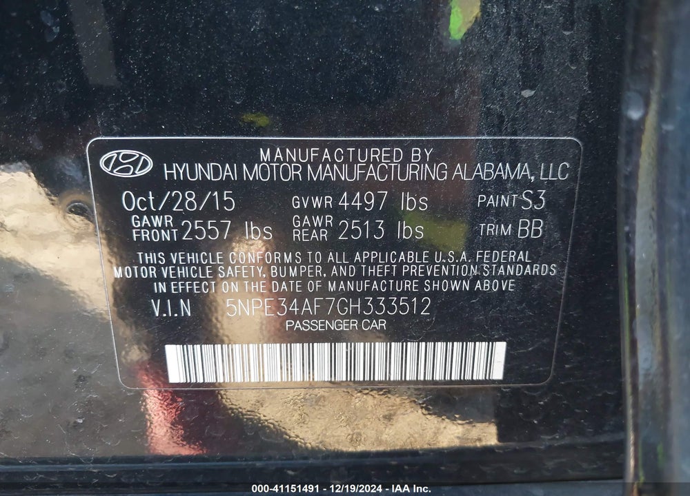 2016 HYUNDAI SONATA VIN: 5NPE34AF7GH333512