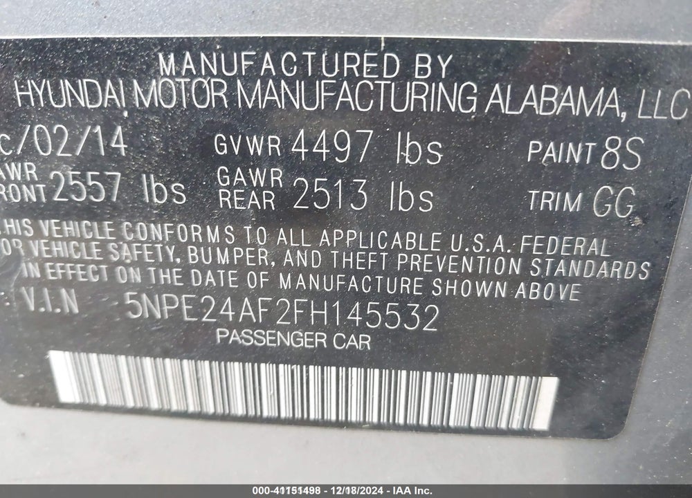 2015 HYUNDAI SONATA SE VIN: 5NPE24AF2FH145532