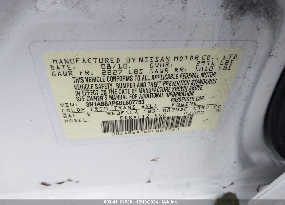 2011 NISSAN SENTRA VIN: 3N1AB6AP6BL607753
