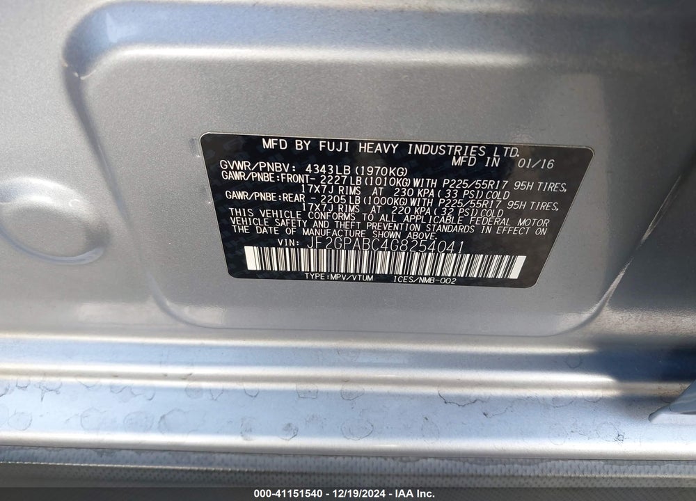2016 SUBARU CROSSTREK 2.0I PREMIUM VIN: JF2GPABC4G8254041