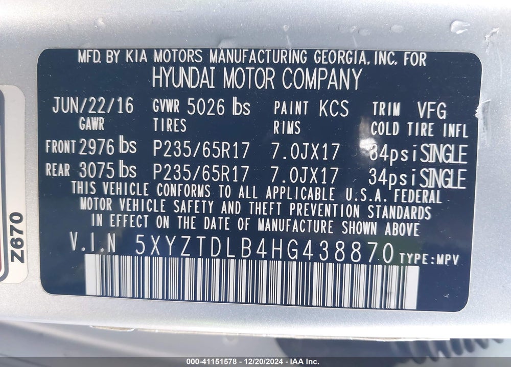 2017 HYUNDAI SANTA FE SPORT 2.4L VIN: 5XYZTDLB4HG438870